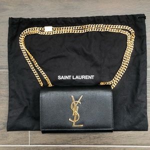 SAINT LAURENT Kate Small YSL Black Crossbody Bag on Gold Chain